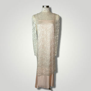 Vintage 1980s Dress Scott McClintock Cream Lace Overlay Pink Slip Pleated B1011